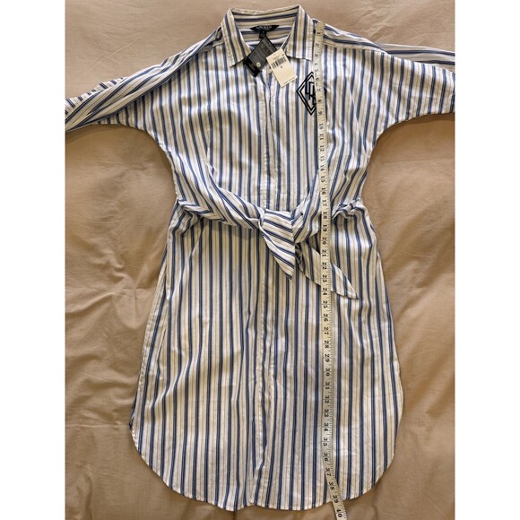 NWT Ralph Lauren Womens 8 White Stripe Tie Button Up Shirttail Broadcloth Dress - Picture 9 of 10
